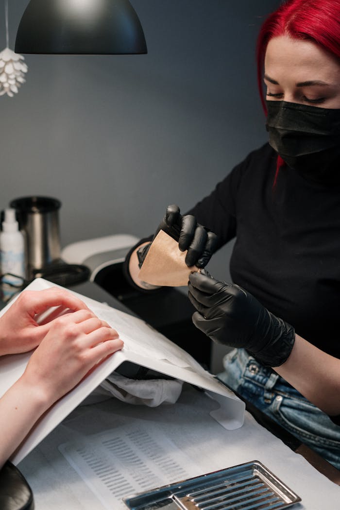 testimonial-img Nail technician with red hair applying nail art in a salon, wearing black gloves and mask.